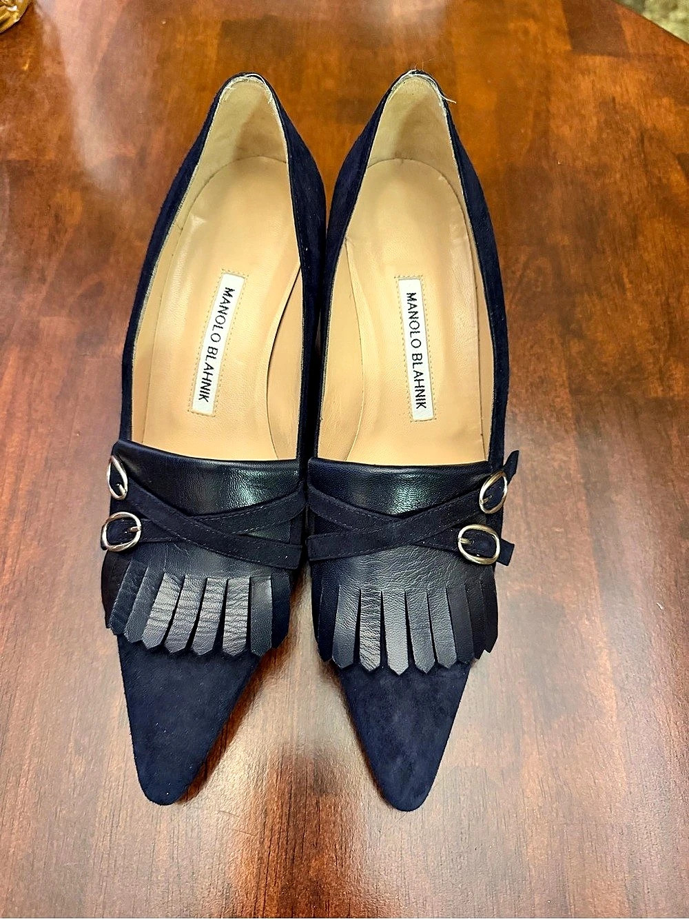 Manolo Blahnik Pointed Toe Fringe Heels in Black EU 38